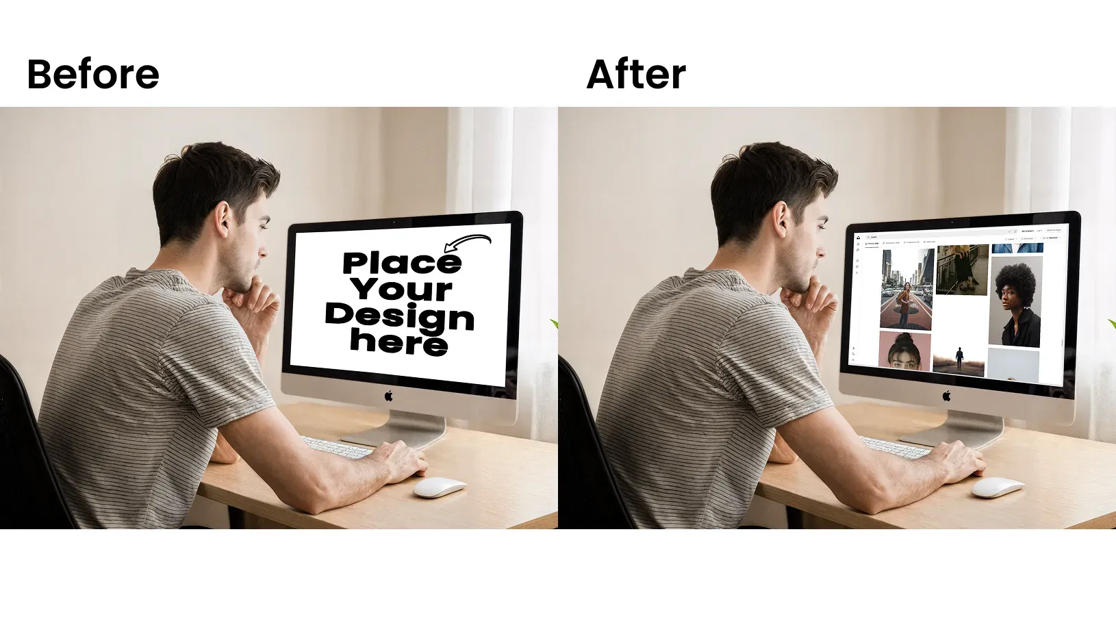 3/4 angle view of an iMac mockup featuring a person