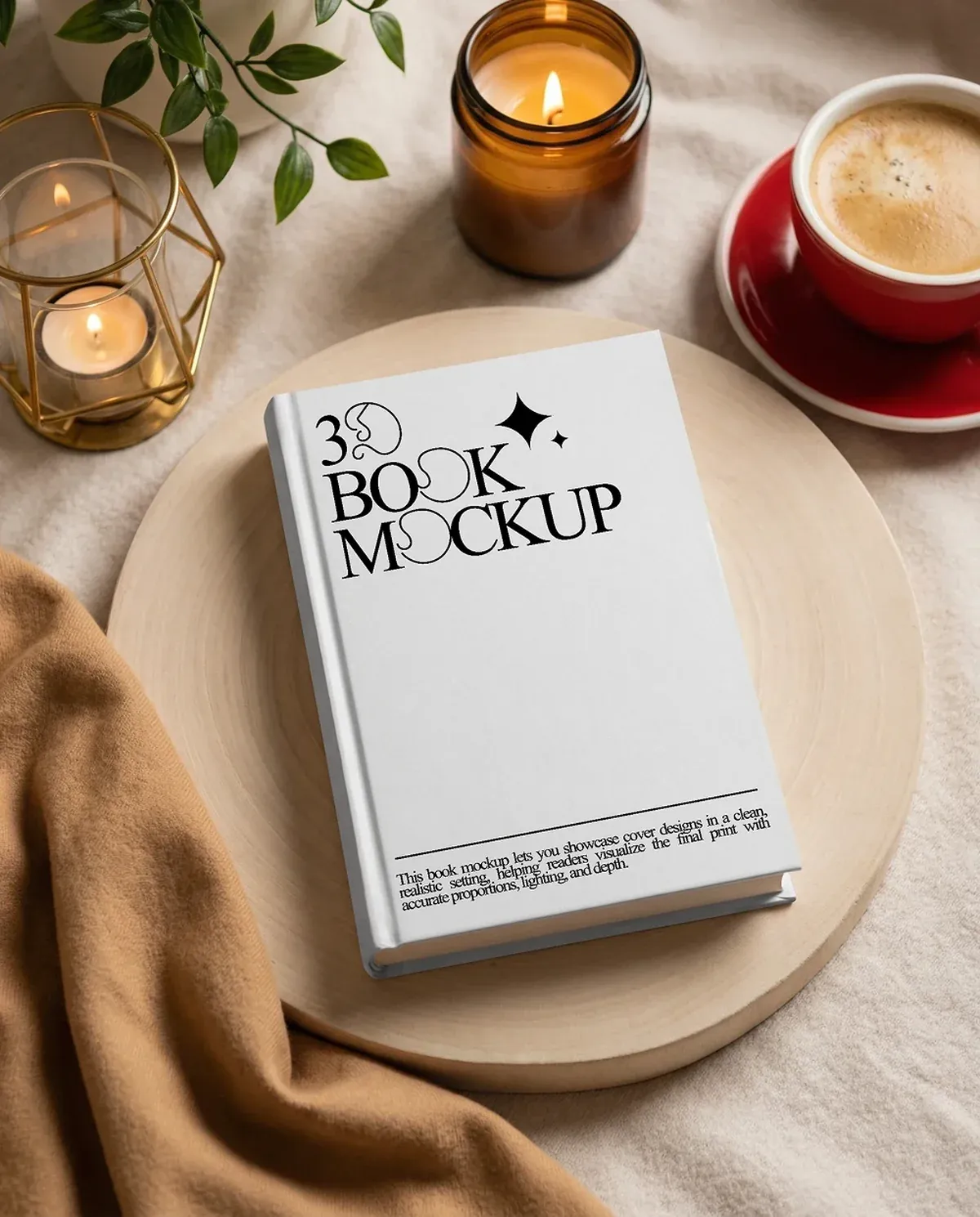 3D book mockup displayed on a styled tabletop scene