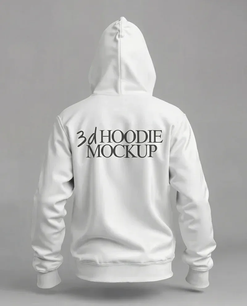3D hoodie mockup showing the back view of a white hoodie
