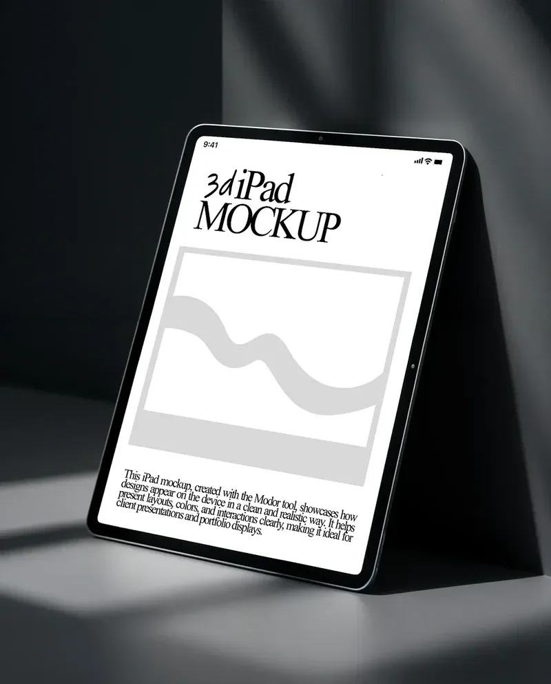 3D iPad mockup displayed in a studio setting