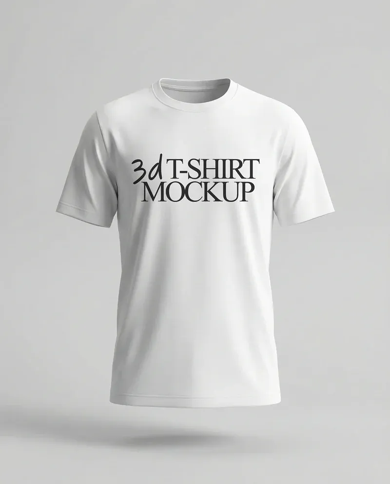 White 3D t-shirt mockup displayed front-facing on a light gray background, featuring centered placeholder text.