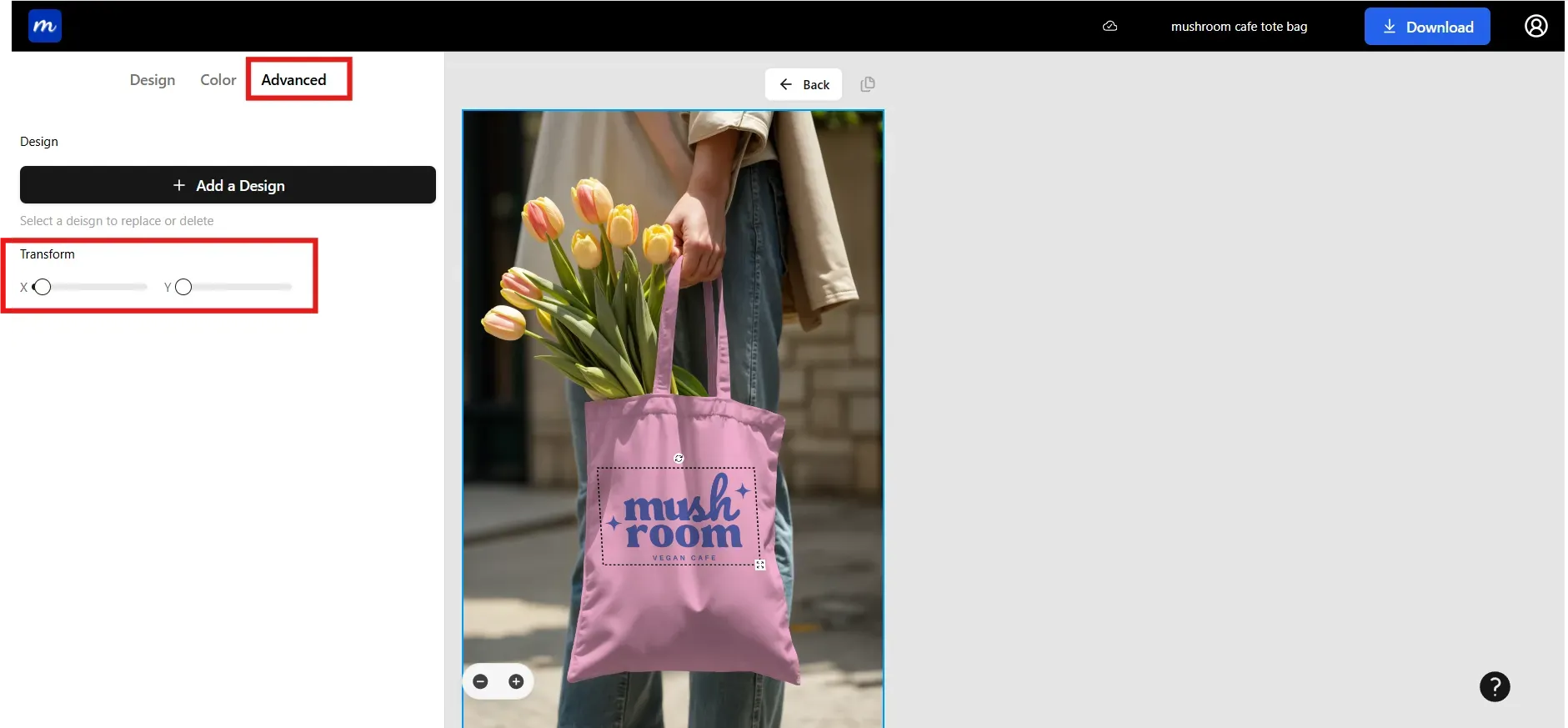 Apply transform editing on tote bag mockup