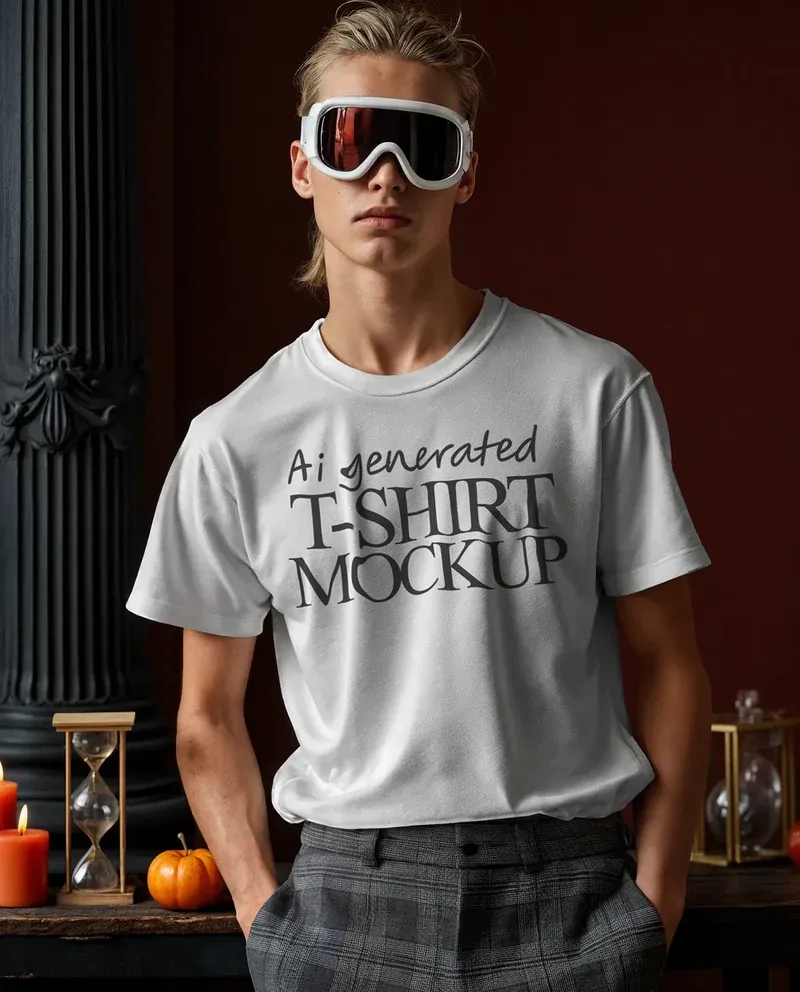 Front view of a person wearing a white AI-generated t-shirt mockup, styled with futuristic visor sunglasses, standing indoors against a dark, moody background.