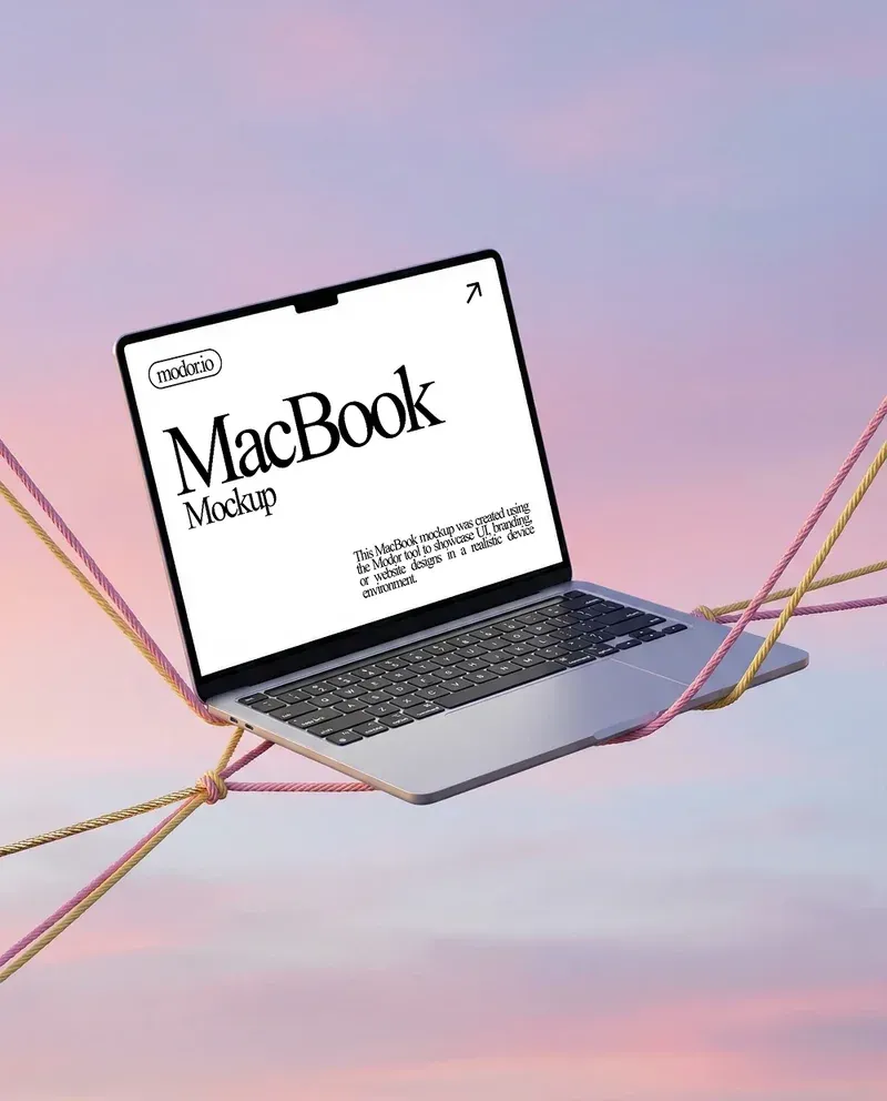 Animated MacBook mockup floating against a soft gradient background