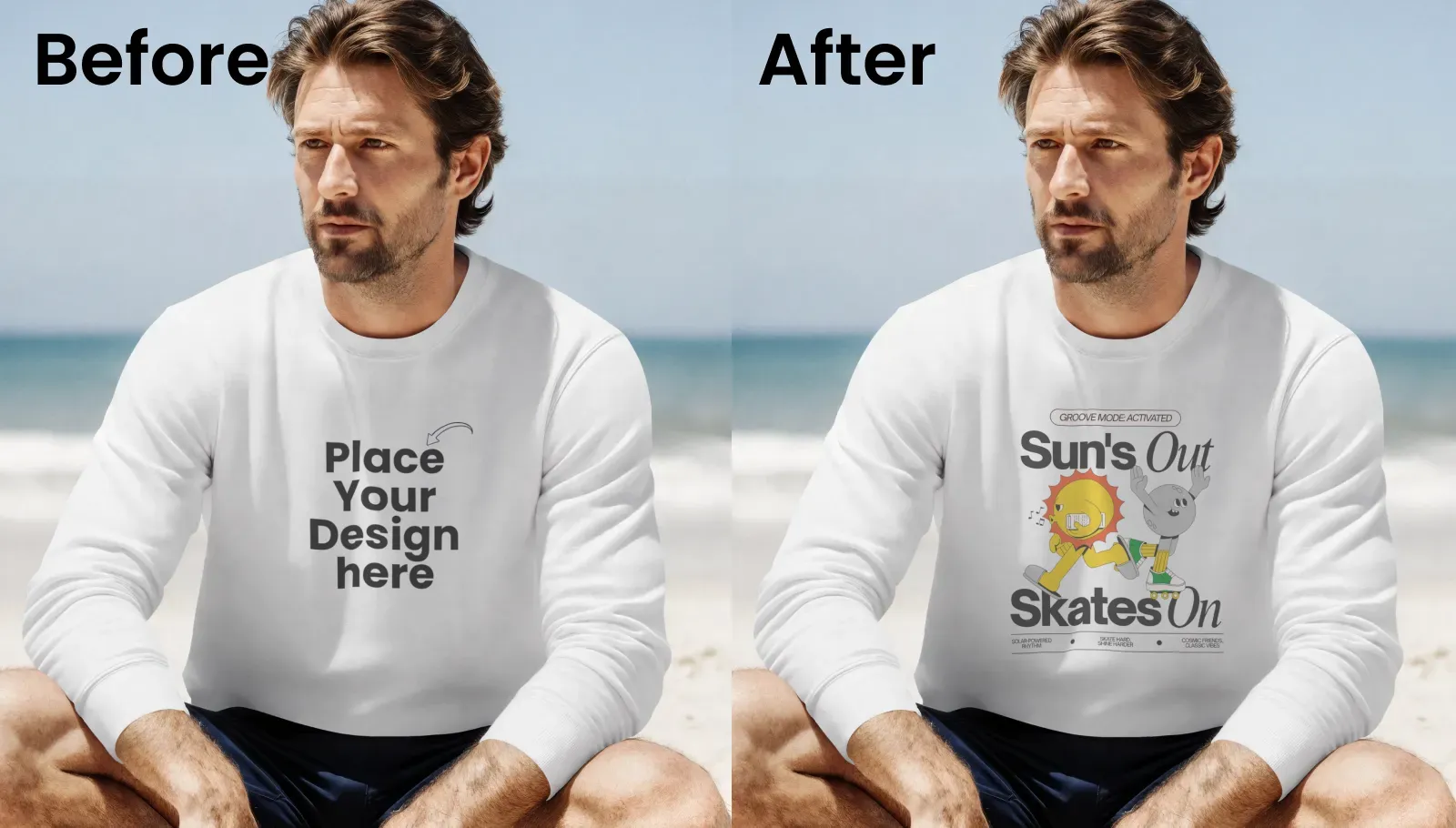 Beach lifestyle sweatshirt mockup featuring male model
