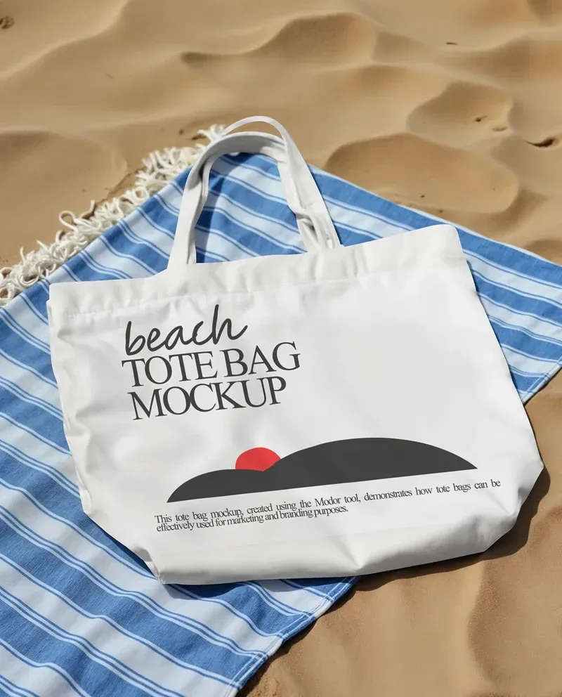 Beach tote bag mockup placed on sand with a towel