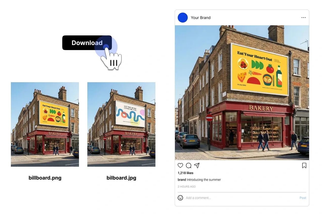 Step 3 showing the final billboard mockup ready for download and social media preview.