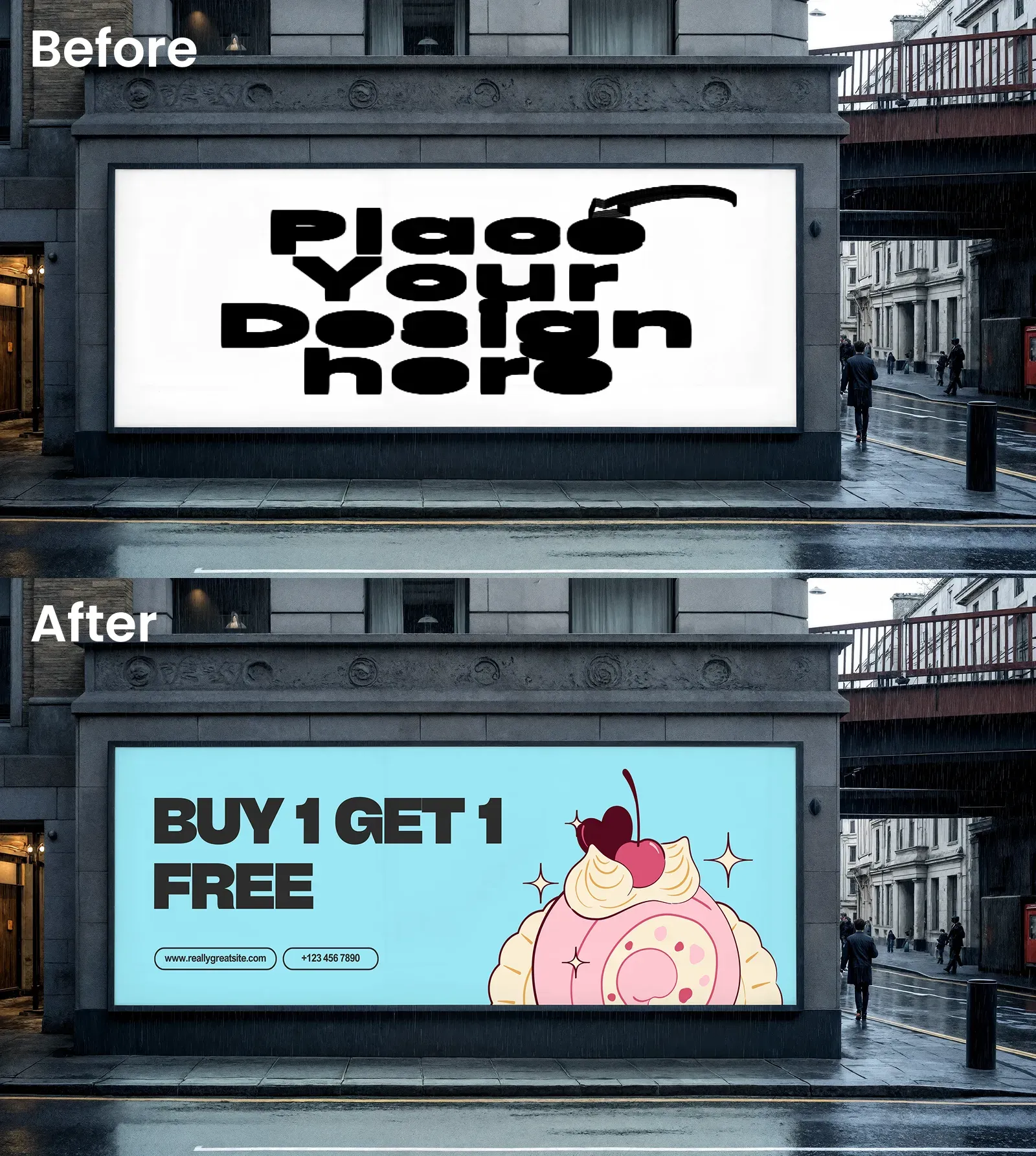Billboard Mockup In A Rainy Street Scene