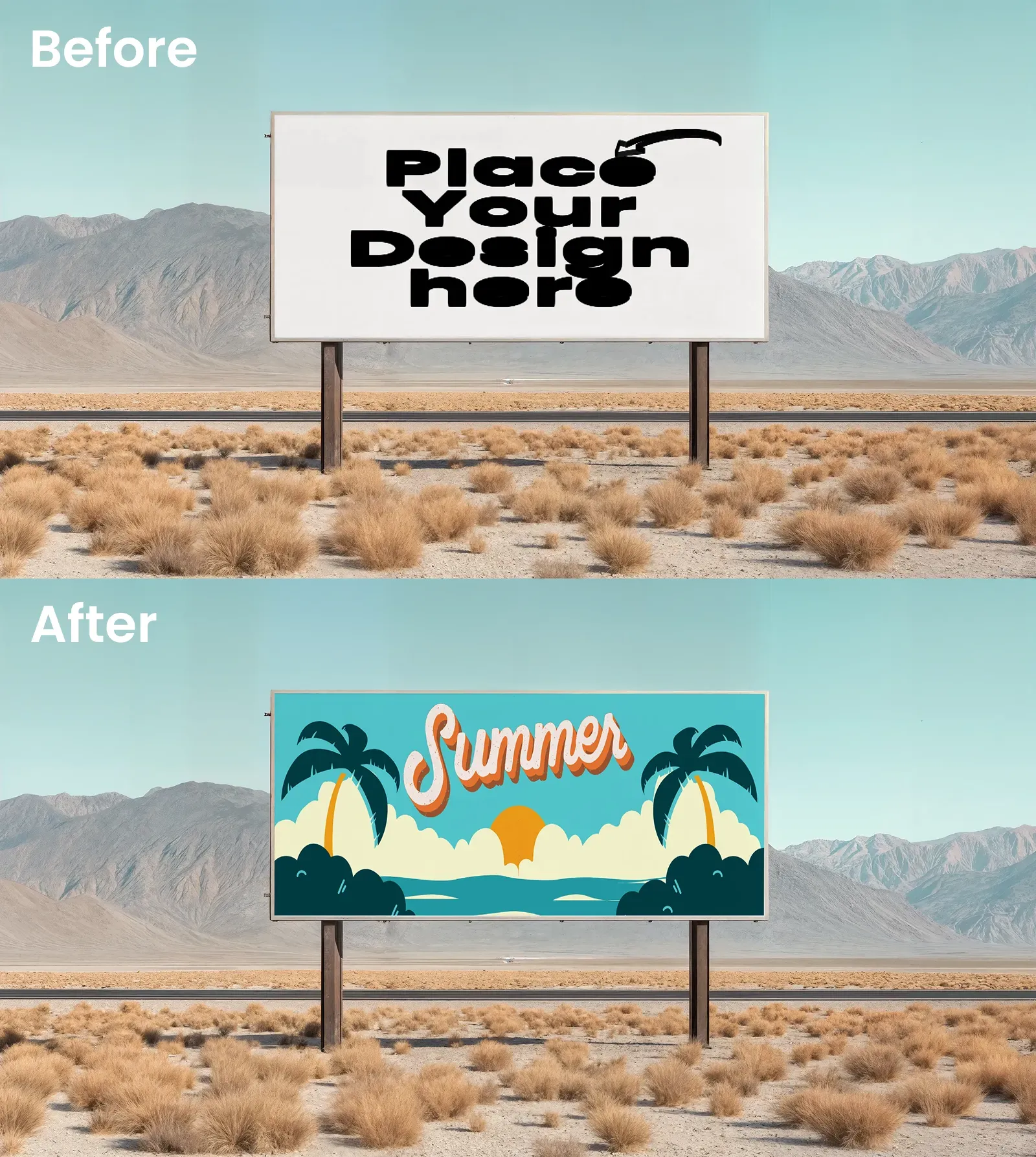 Billboard Mockup In A Vast Desert Against A Rugged Mountain