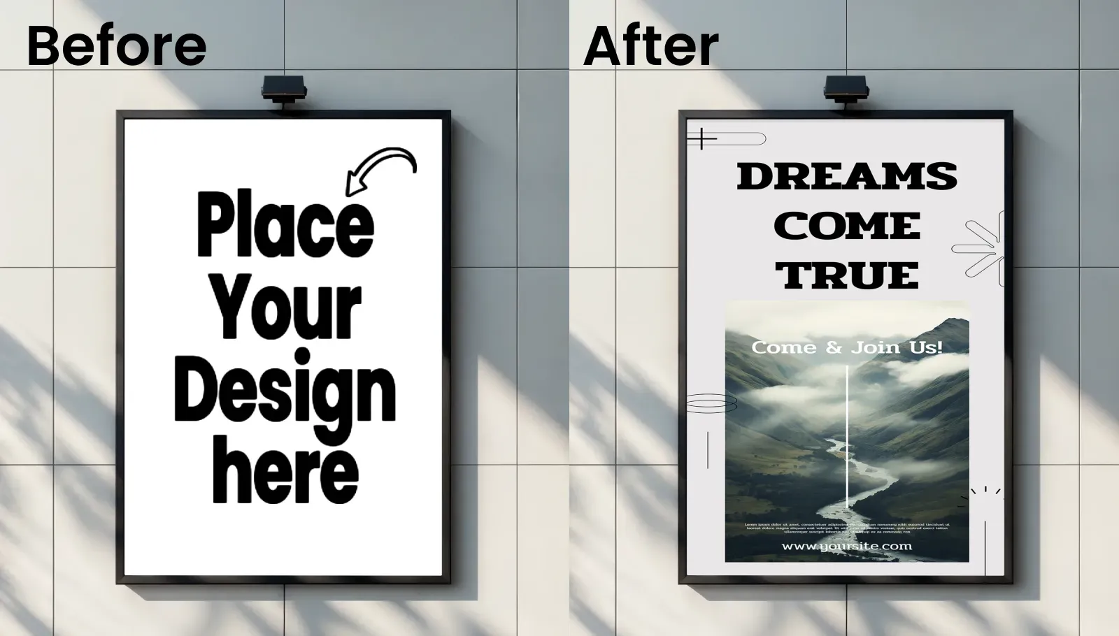 Black Framed Vertical Billboard Mockup Against A Grey Wall