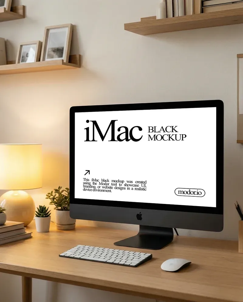Black iMac mockup on a wooden desk with warm lighting