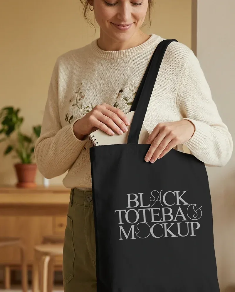 Black tote bag mockup held by a woman indoors