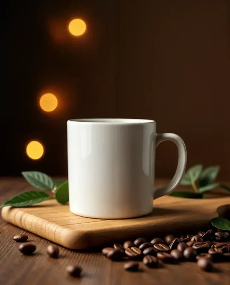 Blank mug mockup on a wooden surface with coffee beans