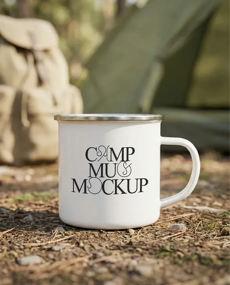 Camp mug mockup placed outdoors near a tent
