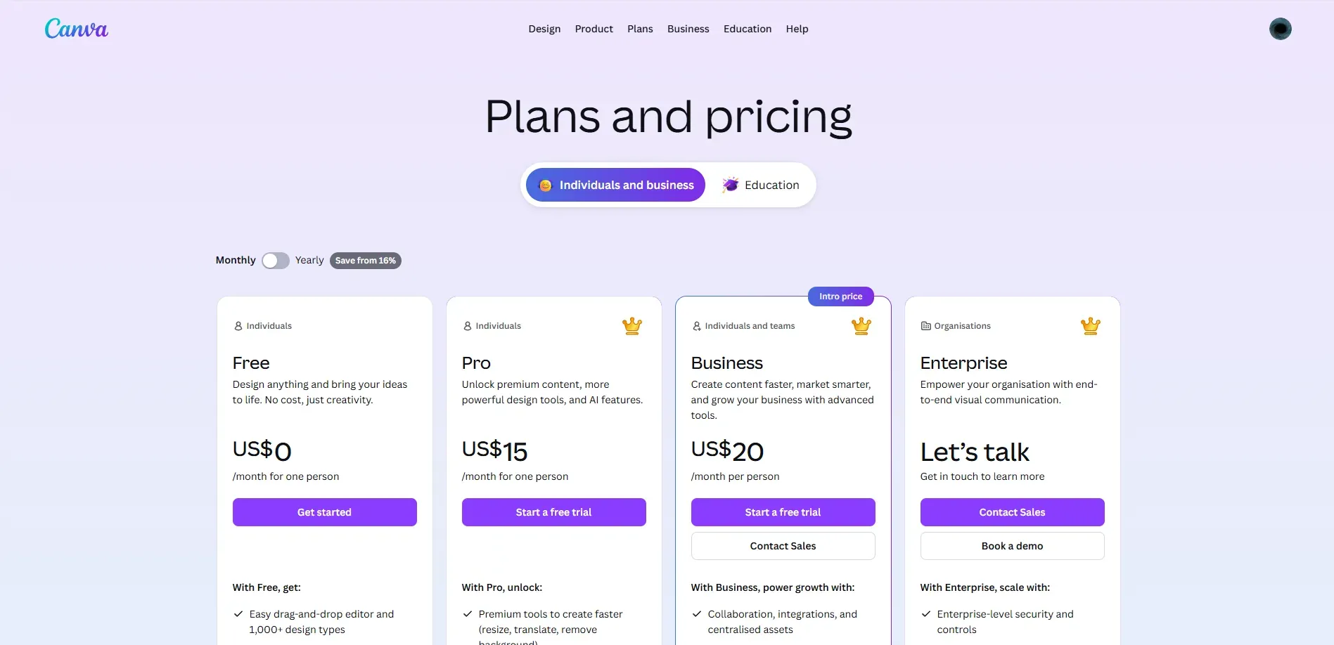 Canva pricing page