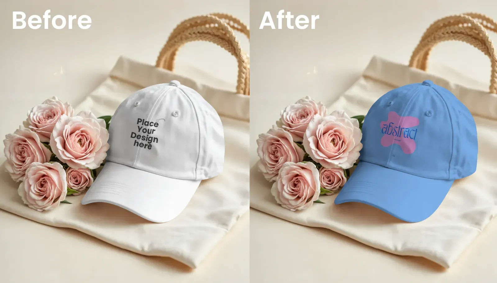 Cap mockup and a bouquet of roses resting on a cream bag