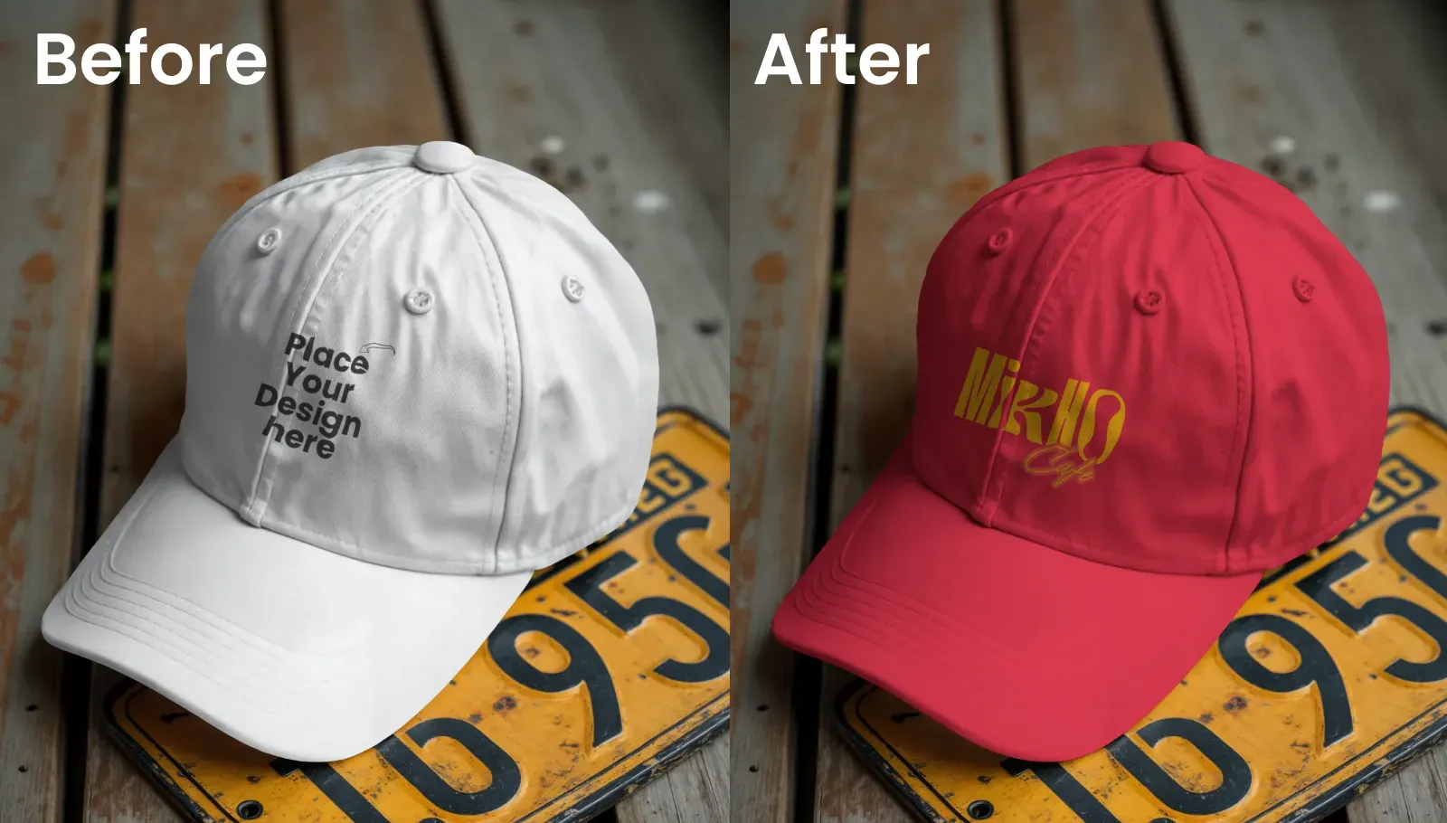 Cap mockup next to a vintage yellow license plate
