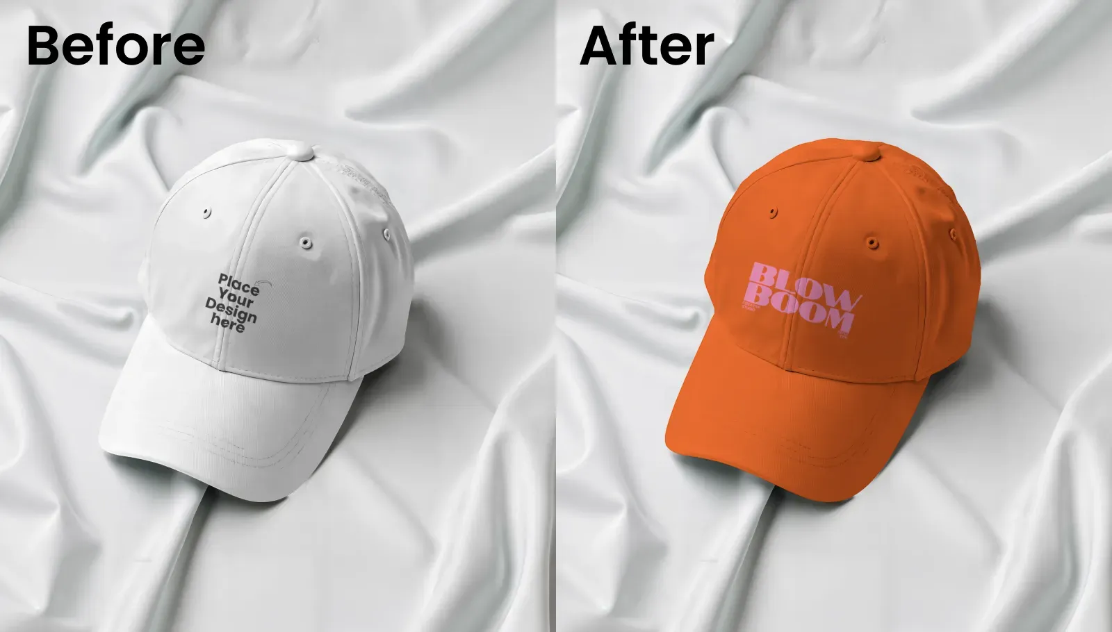 Cap mockup resting on elegant, rippled light grey satin fabric