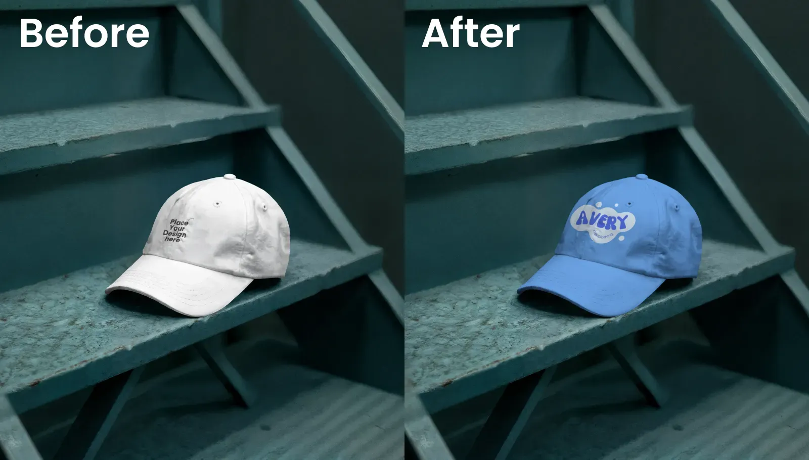 Cap mockup sitting on the peeling paint of teal metal steps