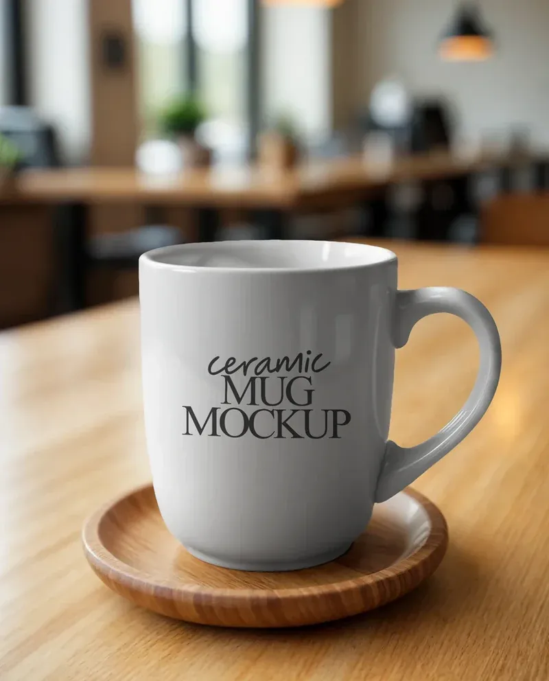 Ceramic mug mockup on a table in a cafe setting