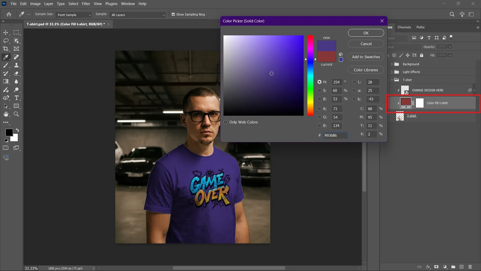 Change the t-shirt color of PSD t-shirt mockup