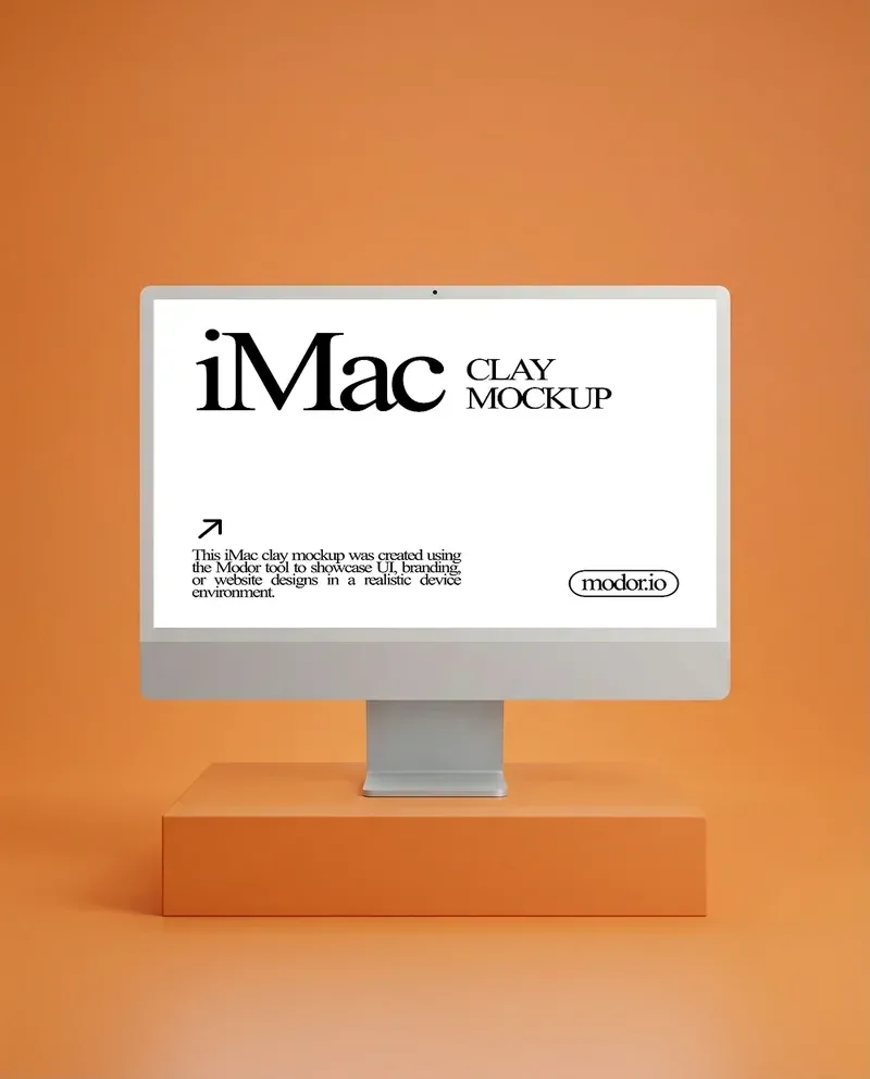 Clay iMac mockup displayed on a minimal orange background