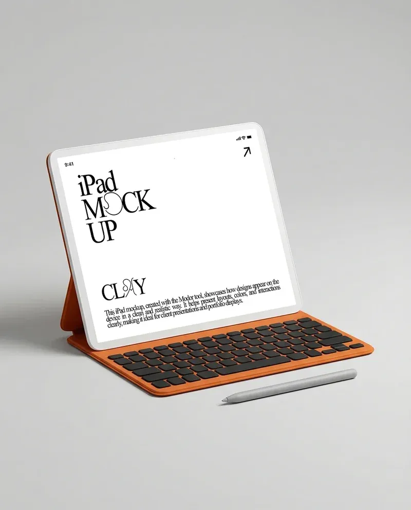 Clay iPad mockup with keyboard and stylus on a minimal background