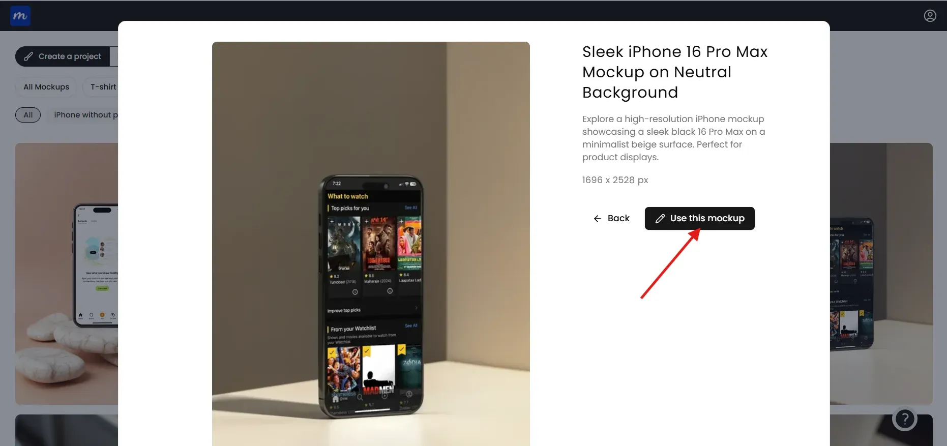Click on Use this mockup to select the iPhone mockup