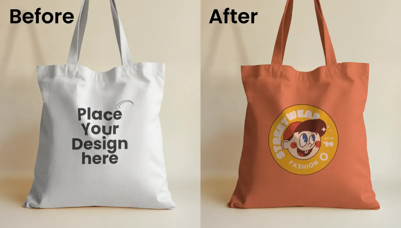 Cotton Tote Bag Mockup Against a Plain Cream Wall