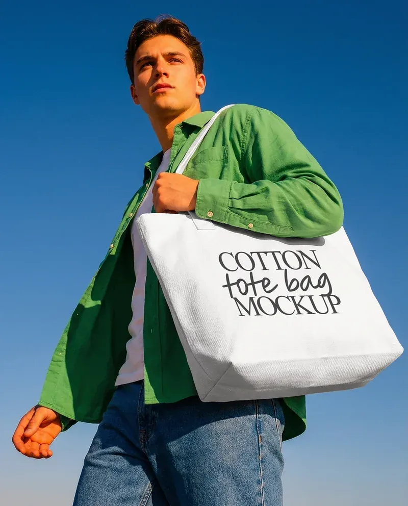 Cotton tote bag mockup worn by a model outdoors