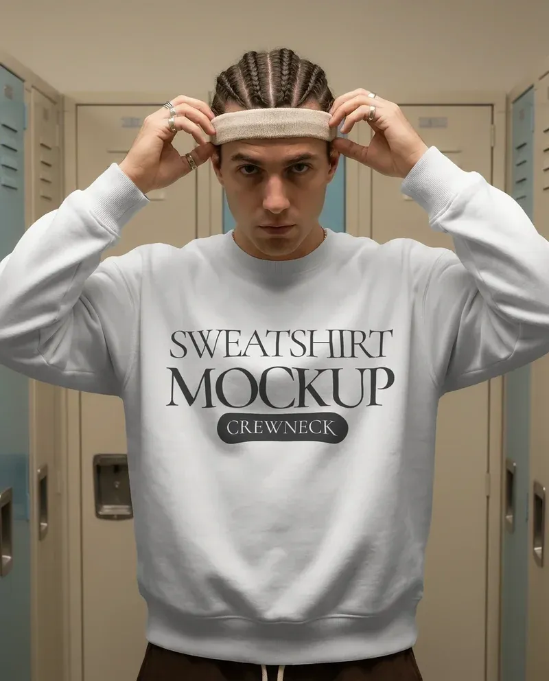 Crew neck sweatshirt mockup on male model wearing a white crewneck sweatshirt in a locker room setting