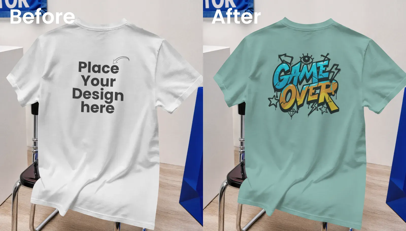 Crew neck t-shirt mockup on a chair