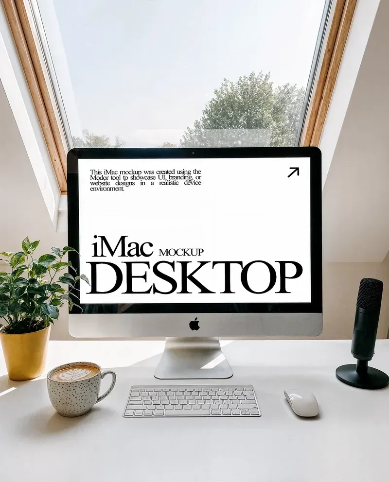 iMac desktop mockup placed in a bright home workspace