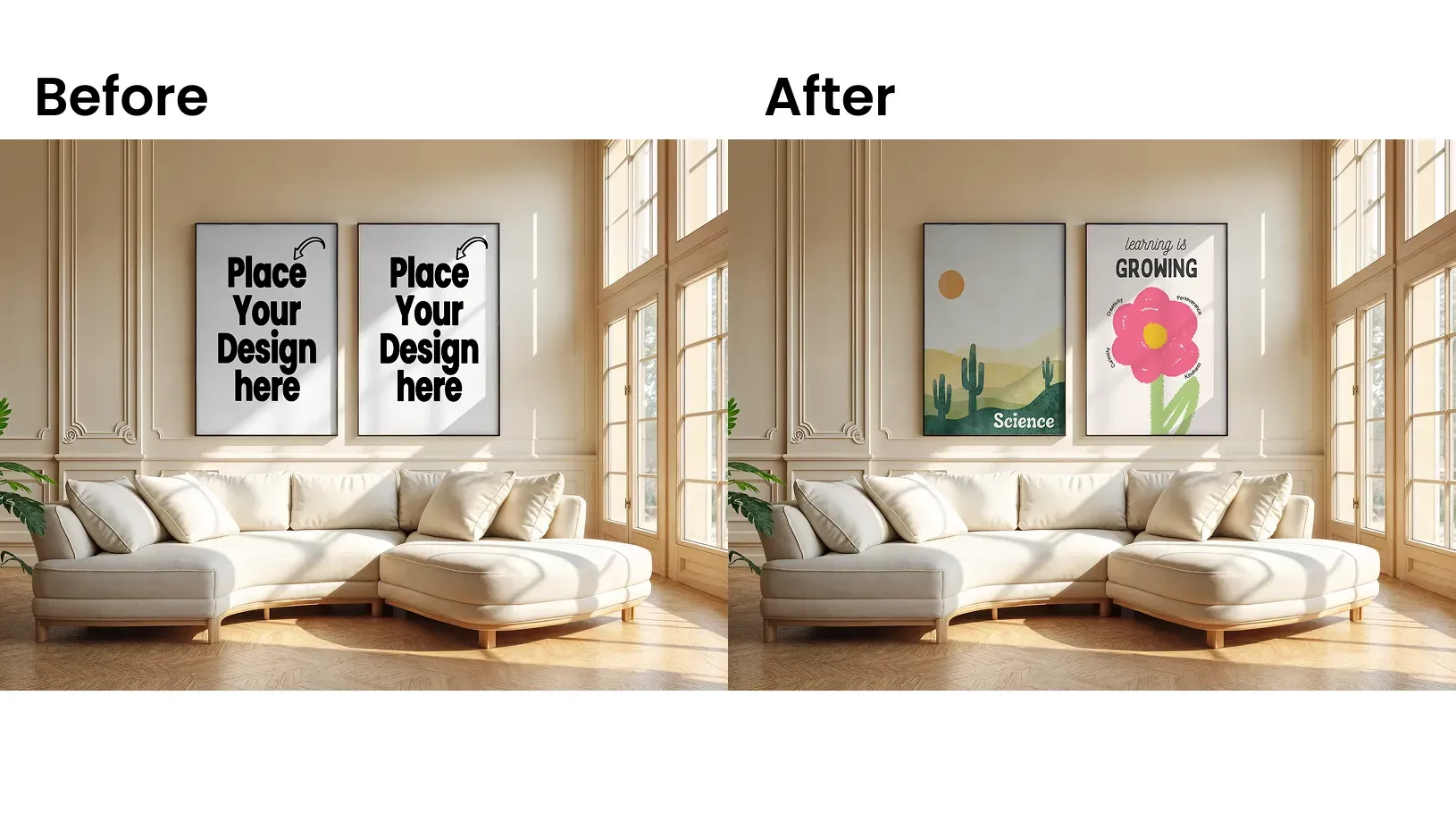 Dual poster design mockups in living rooms
