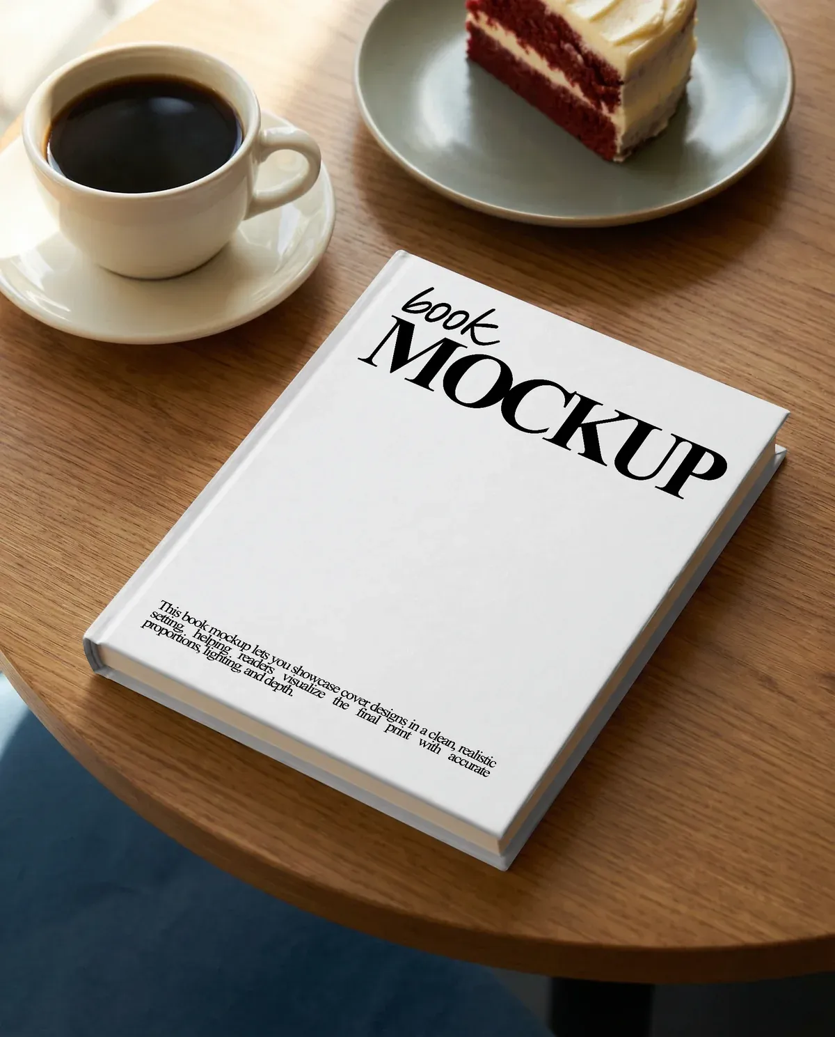White hardcover book mockup on a wooden table beside a cup of coffee and a slice of cake.