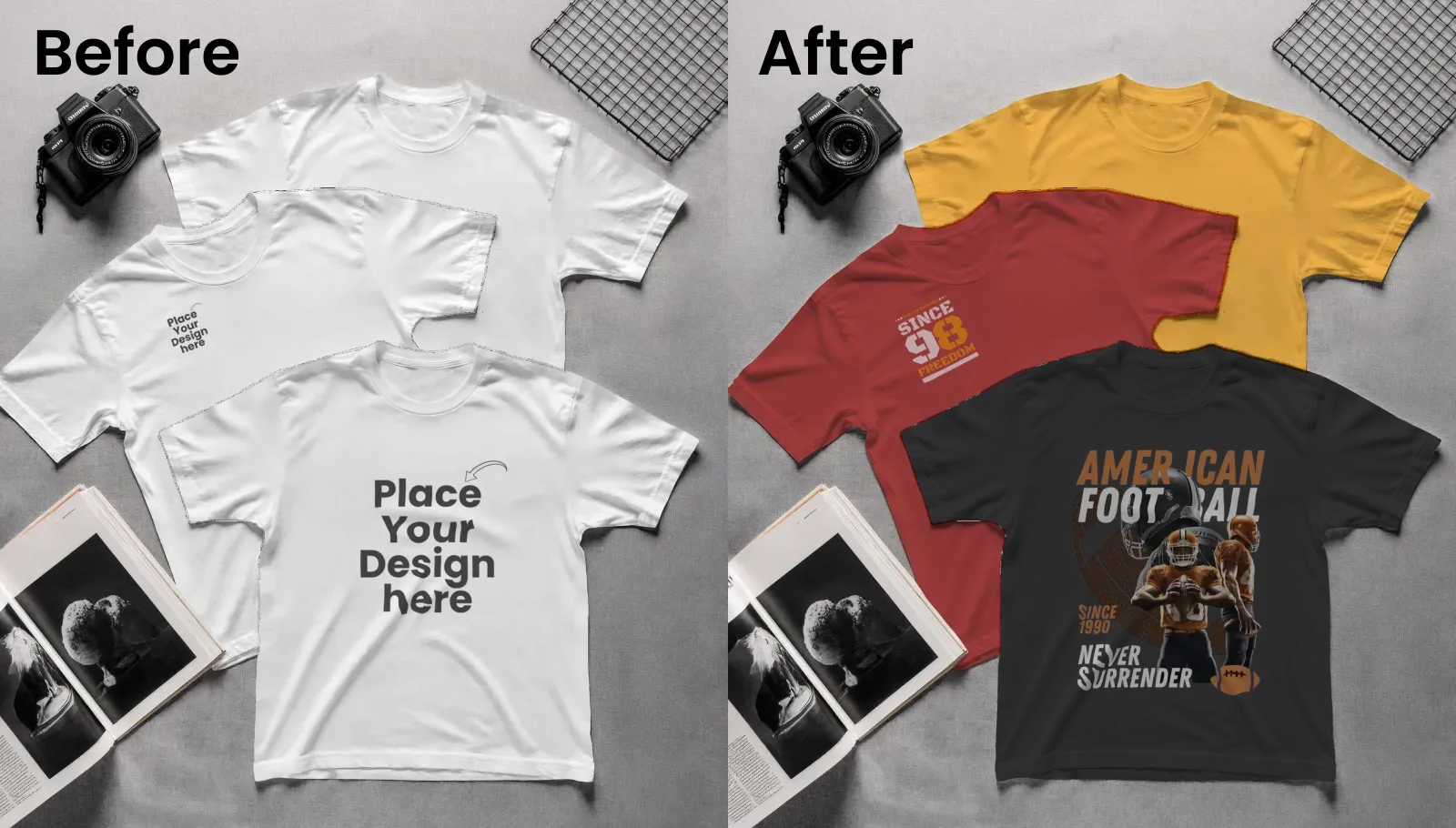 Flat lay mockup of multiple t-shirts