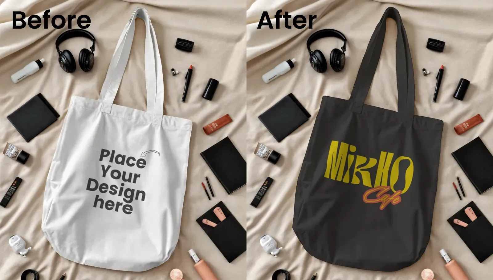 Flat Lay Tote Bag Mockup with Everyday Essentials