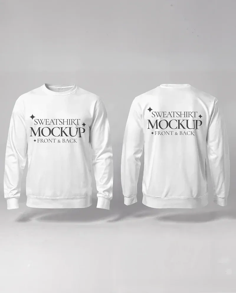 Front and back white sweatshirt mockup showing both sides of a blank crewneck sweatshirt