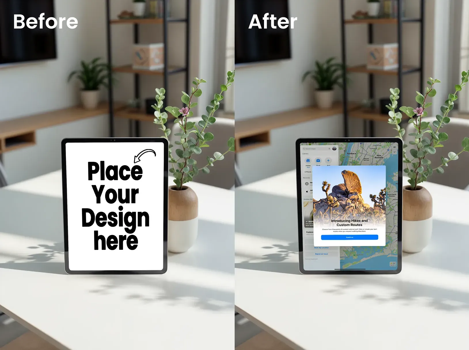 Front view ipad mockup with a potted plant