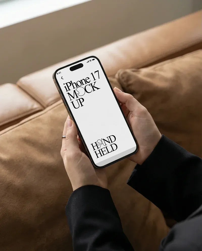 Handheld iPhone mockup shown in a real-life usage setting