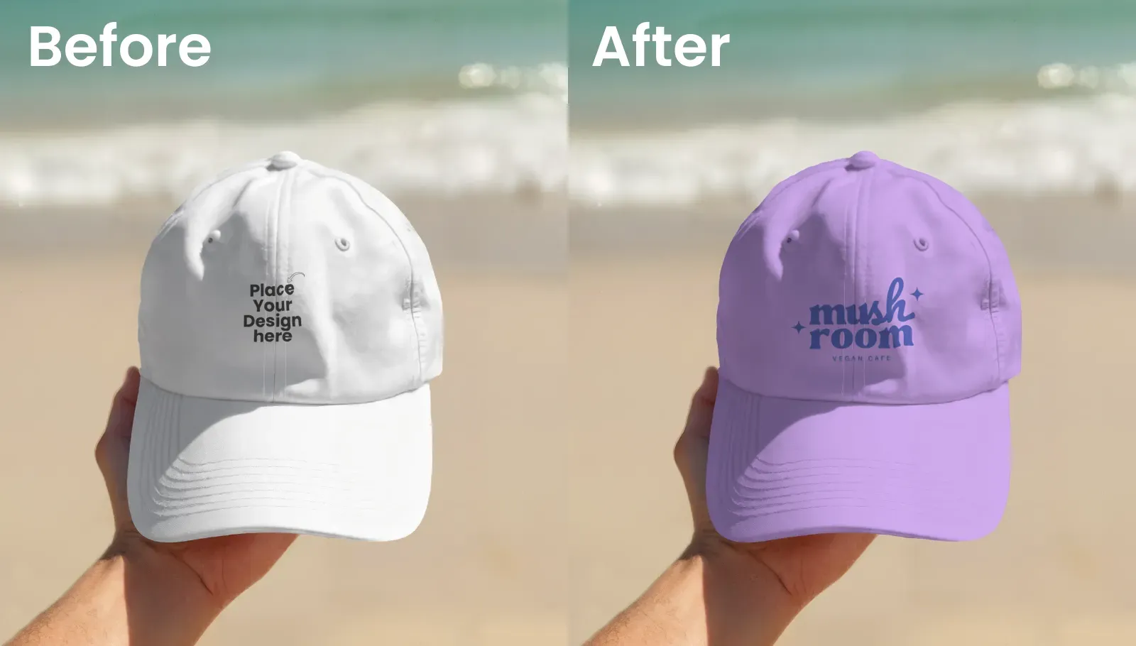 Hand-holding cap mockup against a bright beach and water backdrop