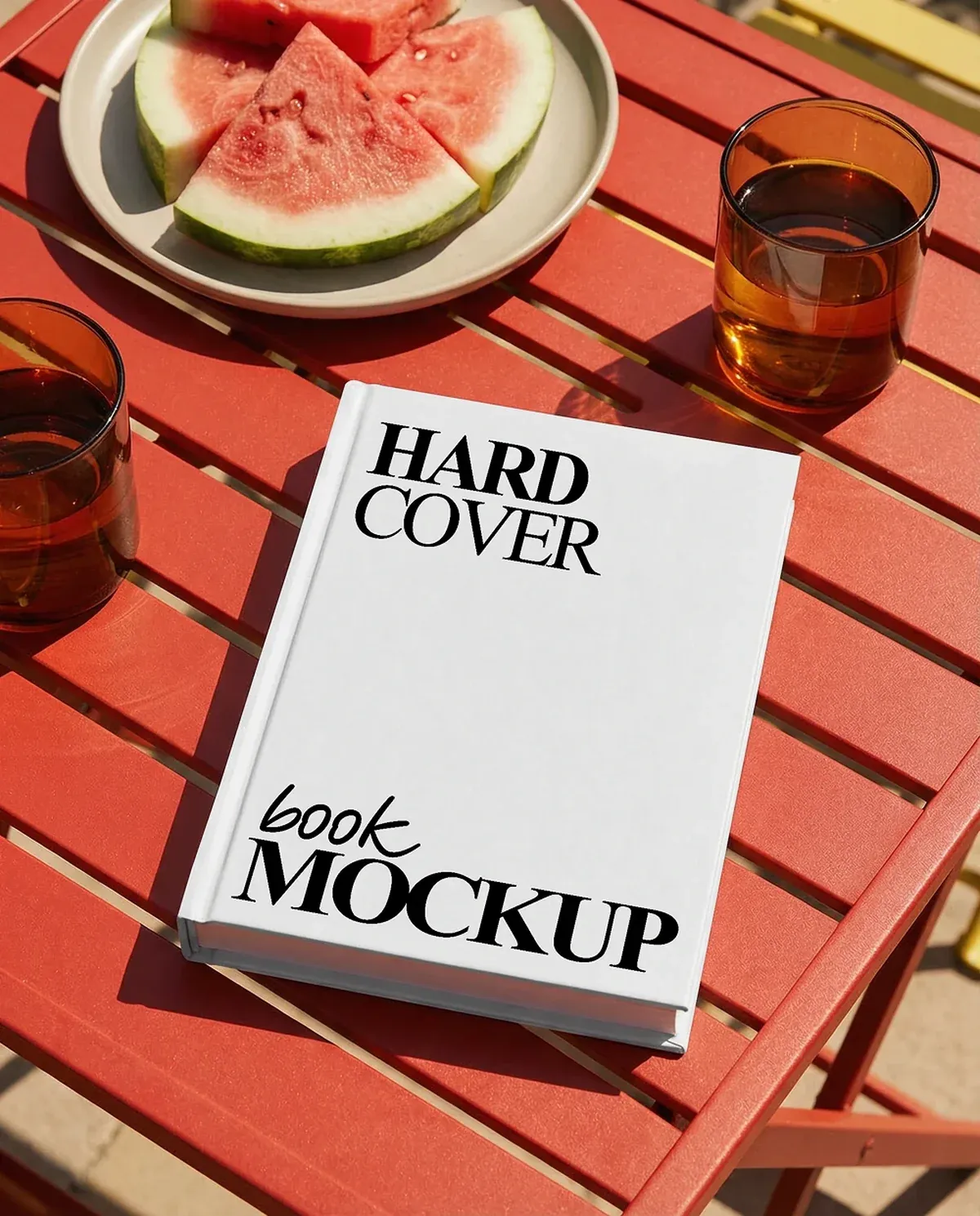 Hardcover book mockup placed on an outdoor table