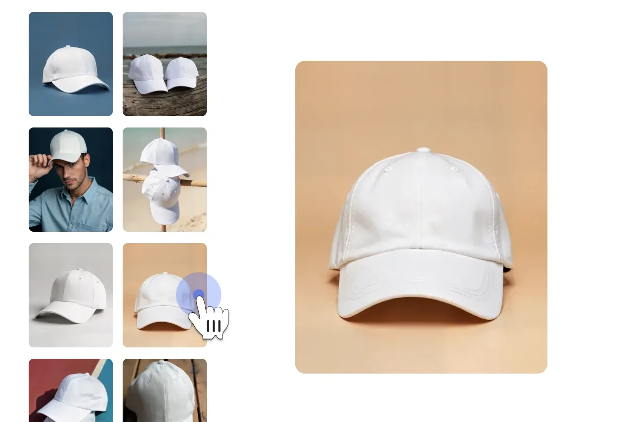 Step 1 showing a gallery of white cap mockup images, with one cap selected as the base mockup.
