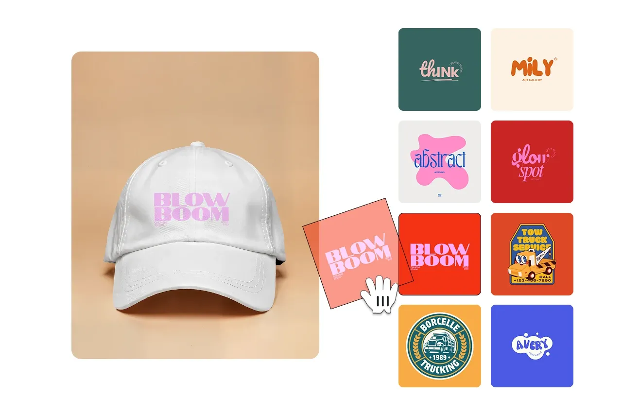 Step 2 showing a selected cap mockup with multiple logo design options to apply.