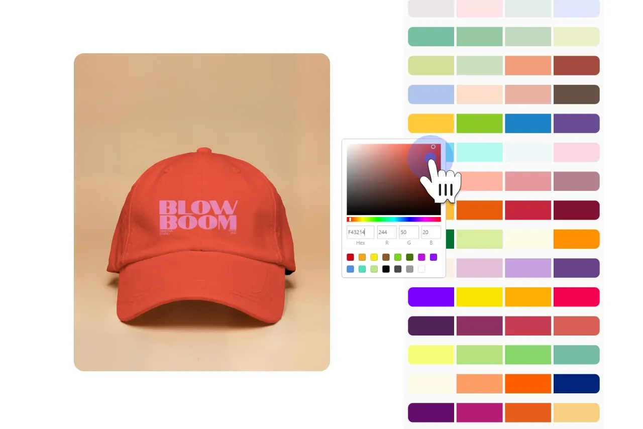 Step 3 showing a cap mockup with a color picker, where the cap color is being customized.