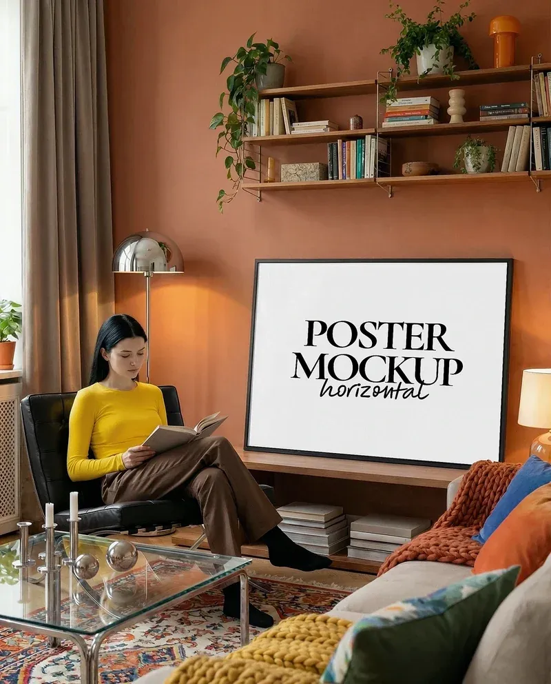 Horizontal poster mockup in a modern living room