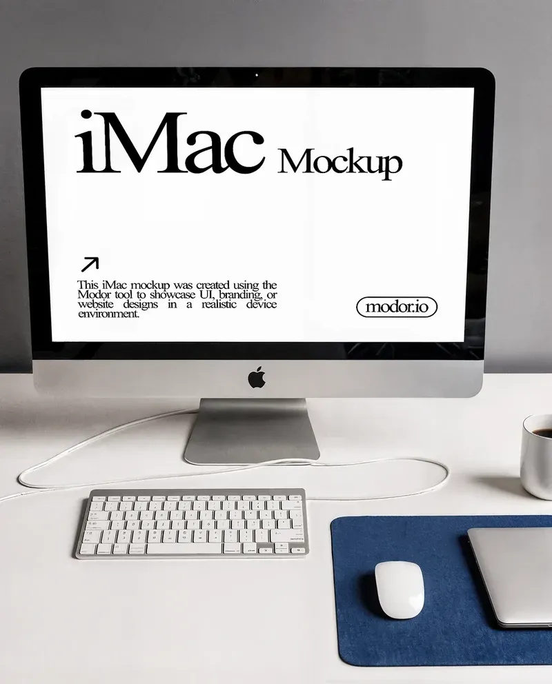 iMac mockup on a desk with keyboard, mouse, and laptop