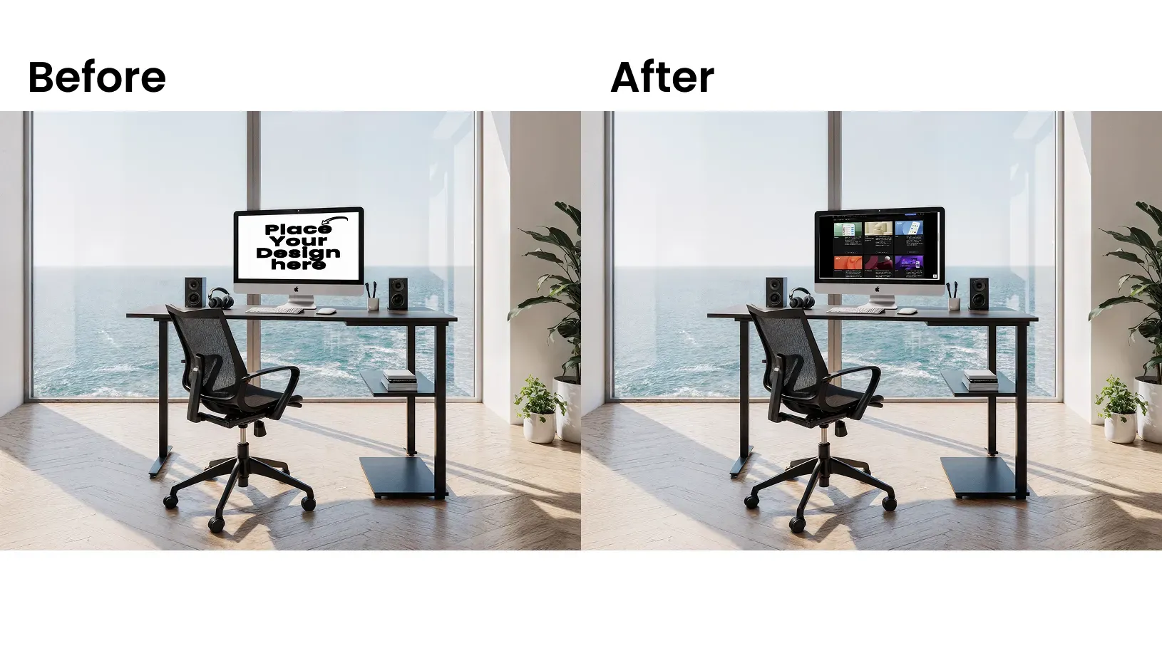 iMac mockup in a professional workspace setup