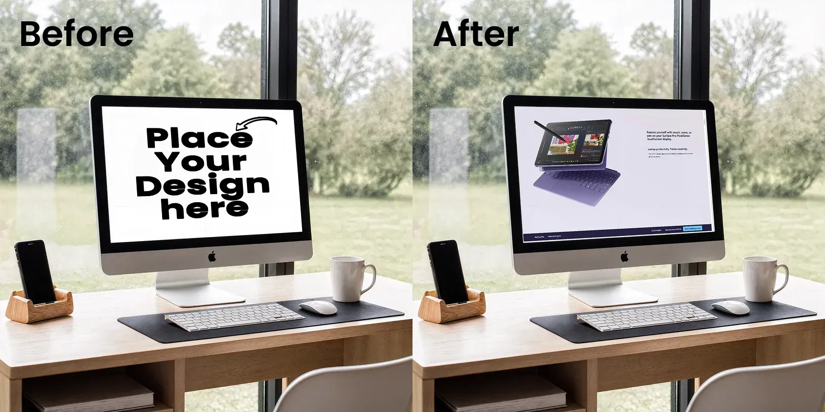 iMac mockup with a scenic background