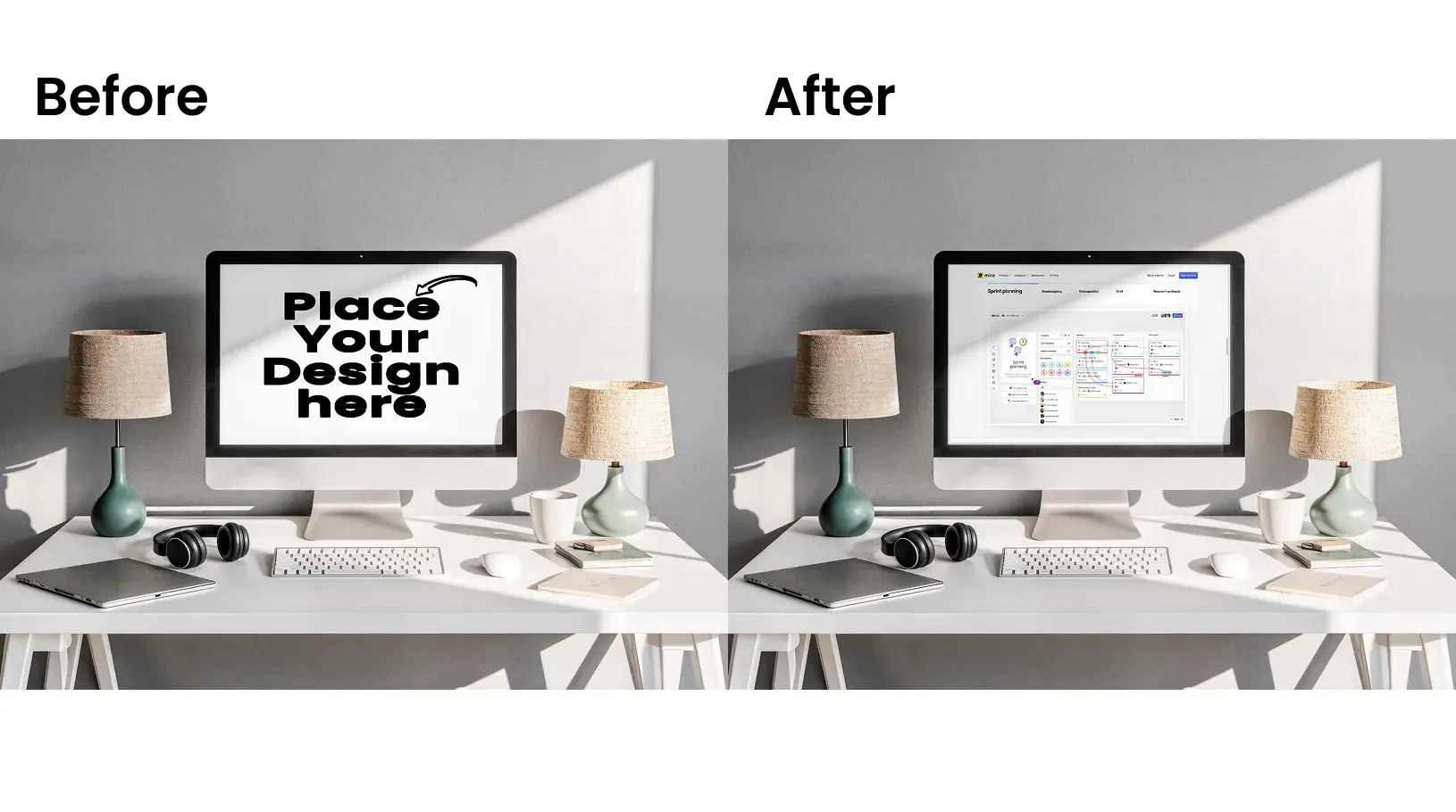 iMac mockup with notebooks and lamps